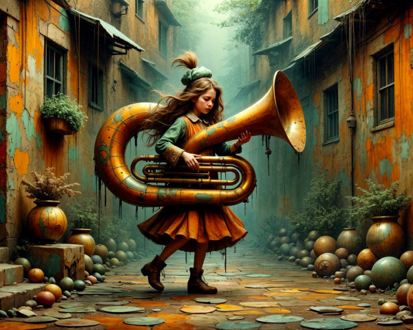 Young girl playing tuba in vibrant alleyway setting