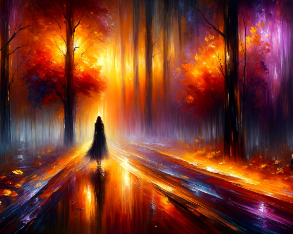 Mysterious Figure on a Vibrant Autumn Pathway