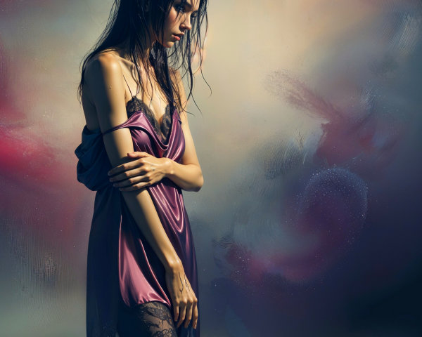 Woman in Purple Satin Gown in Ethereal Setting
