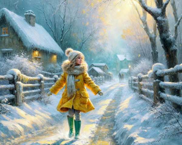 Young Girl in Yellow Coat in Snowy Village Scene