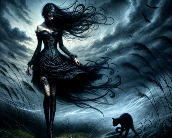Mysterious Woman in Dark Ethereal Landscape