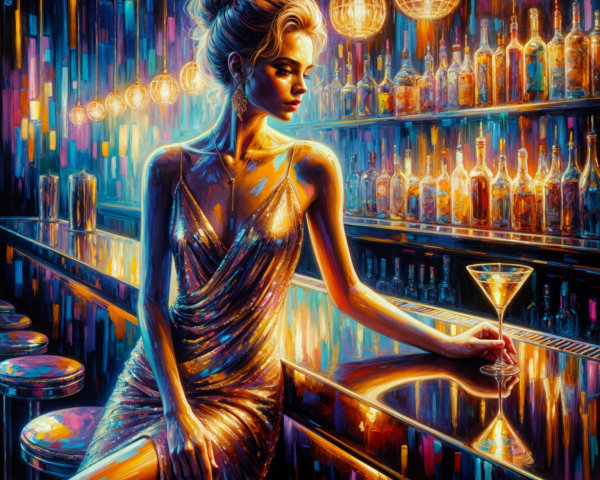 Glamorous Woman in Gold Dress at Stylish Bar