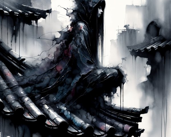 Mysterious Figure in Cloak on Traditional Roof Illustration