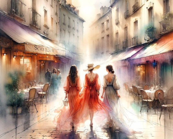 Elegant Women in Flowing Dresses on European Street