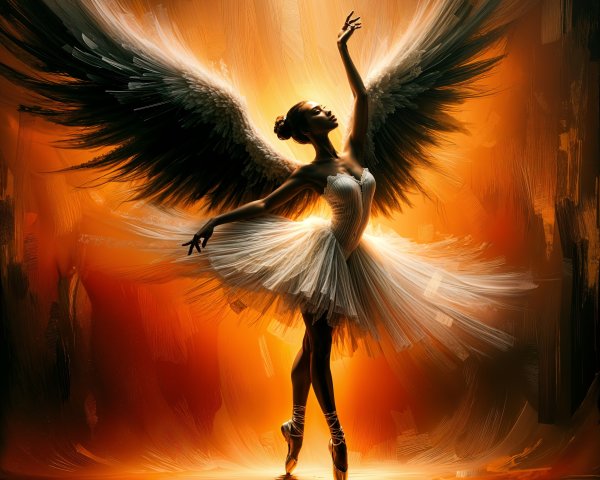Ballerina with Black Wings in Ethereal Pose