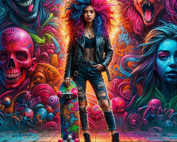 Young Woman with Multicolored Hair by Graffiti Wall
