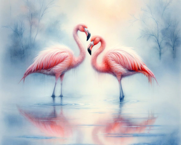 Flamingos in a Misty Landscape with Reflective Water