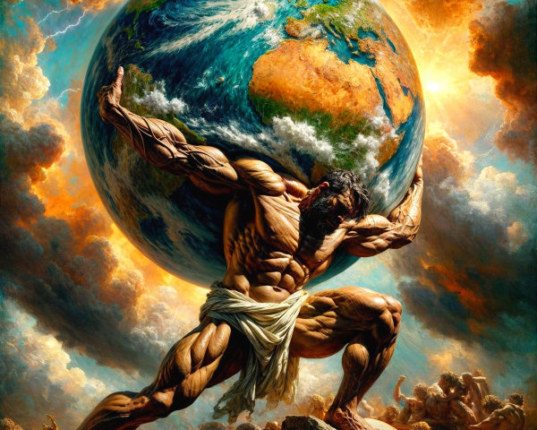 Classical Deity Bearing Earth's Weight Against Sunset