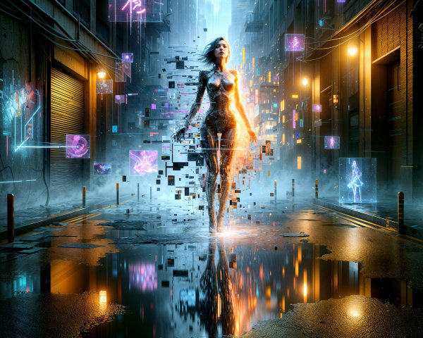Futuristic cityscape with neon lights and digital figure