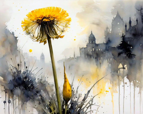 Vibrant Dandelion Against Misty Urban Background