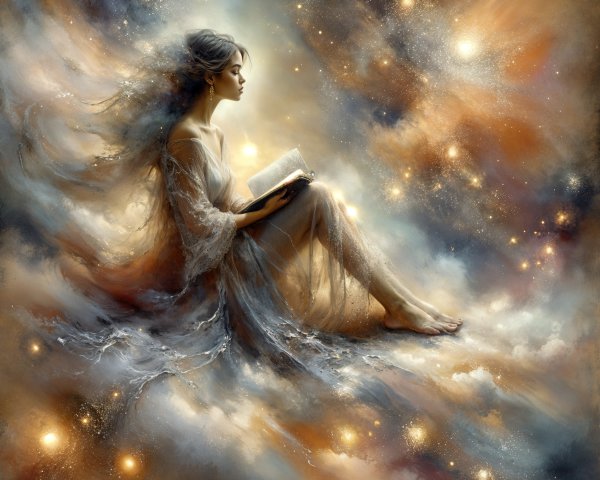 Serene Figure in Cosmic Setting with Open Book
