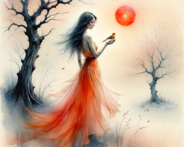 Mystical Scene of Woman with Bird at Sunset
