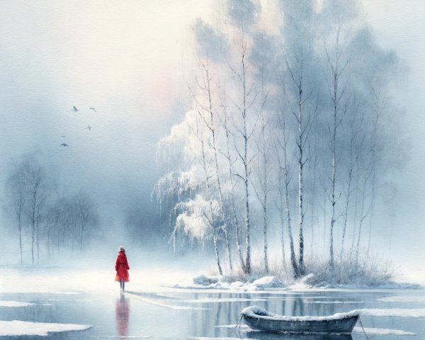 Solitary Figure on Frozen Lake in Winter Landscape