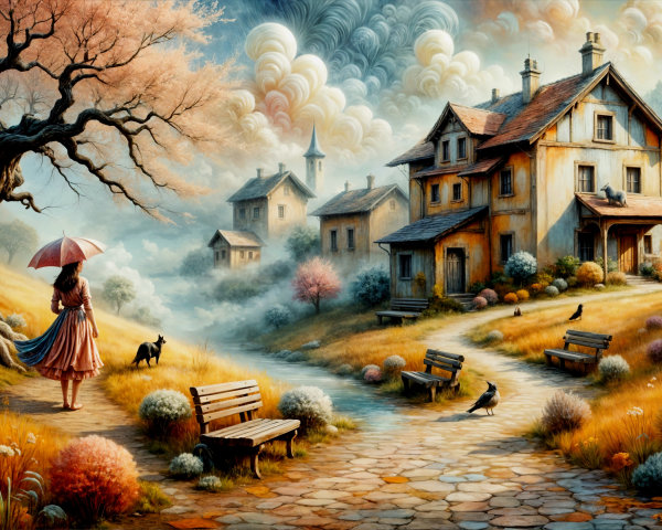 Serene Landscape with Girl in Pink Dress and Umbrella