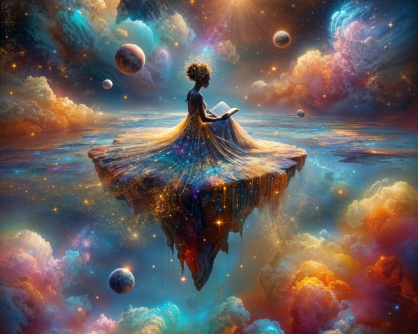 Whimsical Cosmic Landscape with a Book and Stars