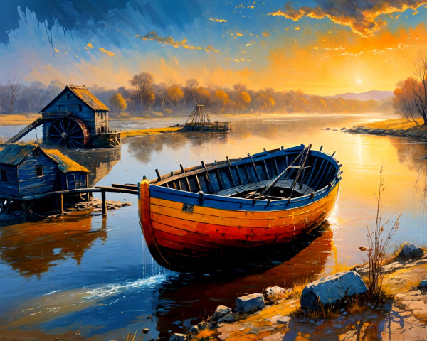 Serene Sunset Landscape with River and Rustic Cabin