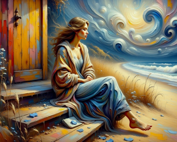 Contemplative Woman by the Shore in Vibrant Landscape