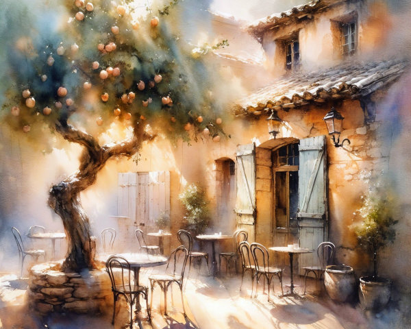 Charming Sunlit Café Scene in Quaint Village