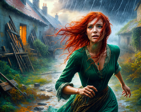 Woman in green gown runs through rain-soaked village