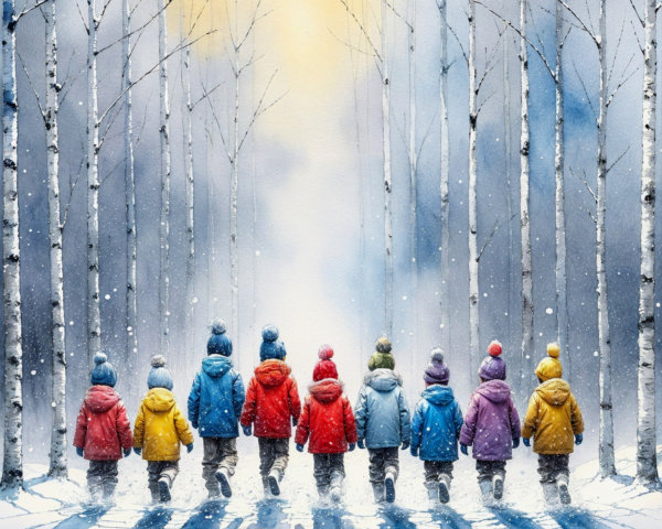 Children in Colorful Coats in Snowy Landscape