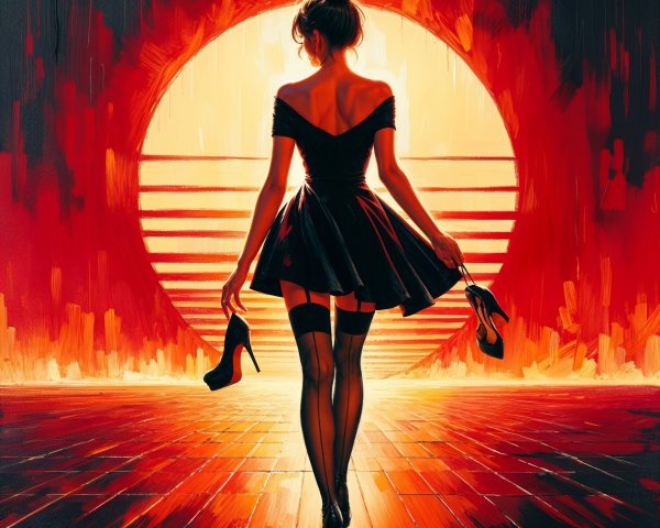 Silhouette of Woman in Dress Against Vibrant Sunset