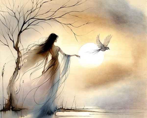 Watercolor Illustration of Ethereal Figure and Sun