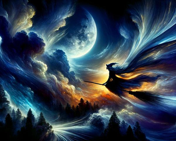 Witch Silhouette Flying Over a Colorful Sky Scene