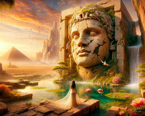 Colossal Stone Face Over Serene Lake at Sunset