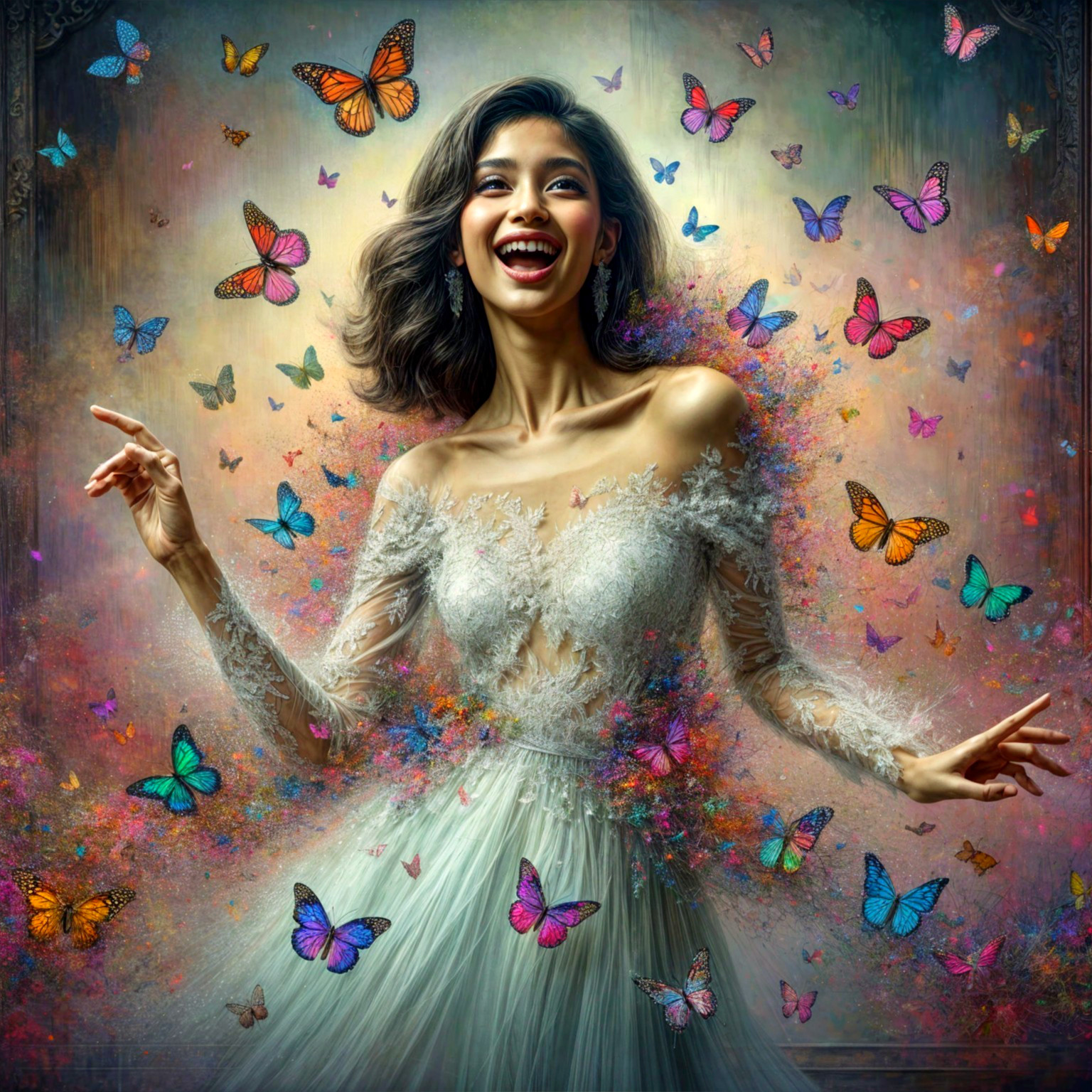 Joyful Woman in White Gown Surrounded by Butterflies