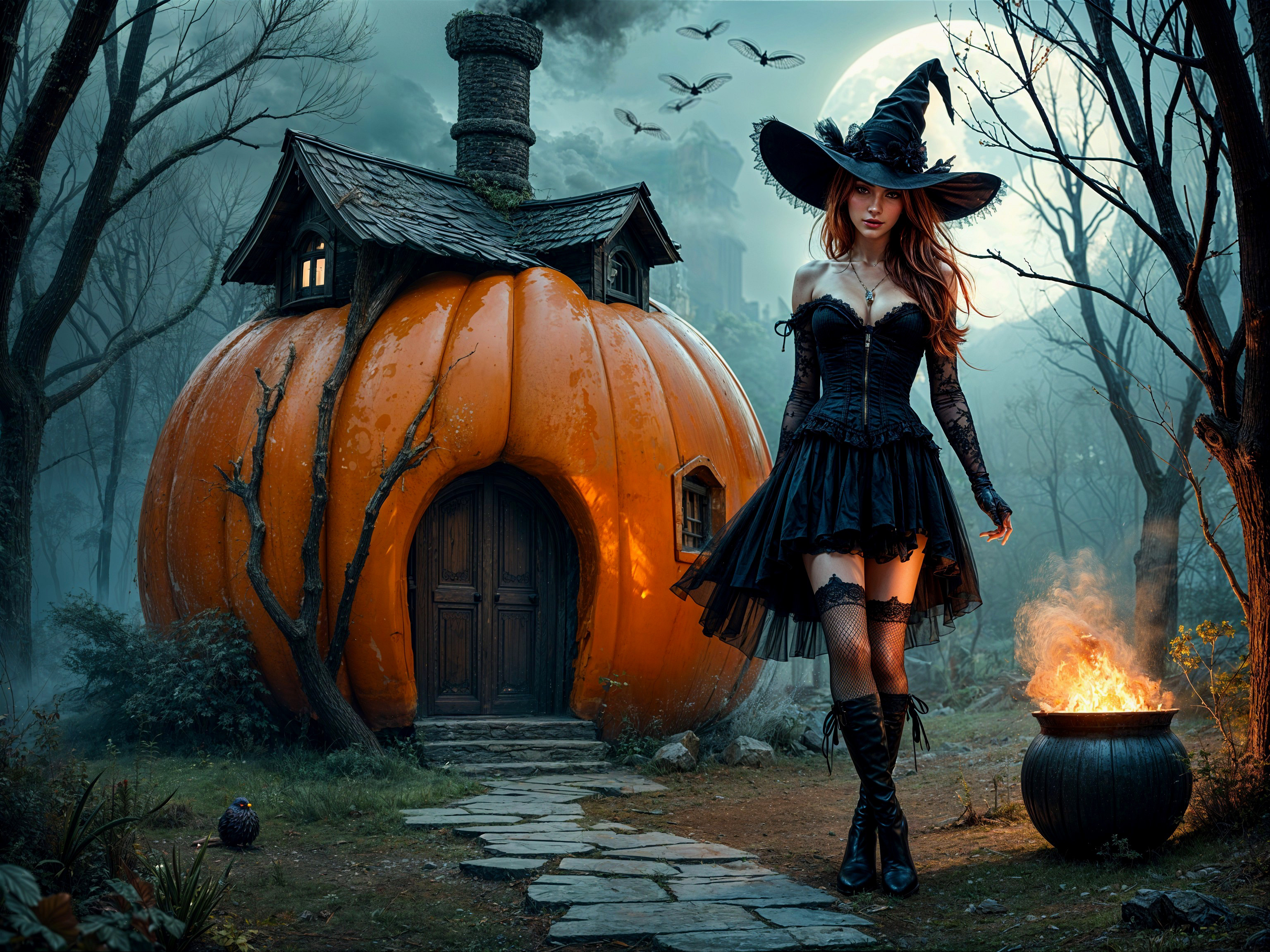 Witch by Pumpkin House in Foggy Forest Scene