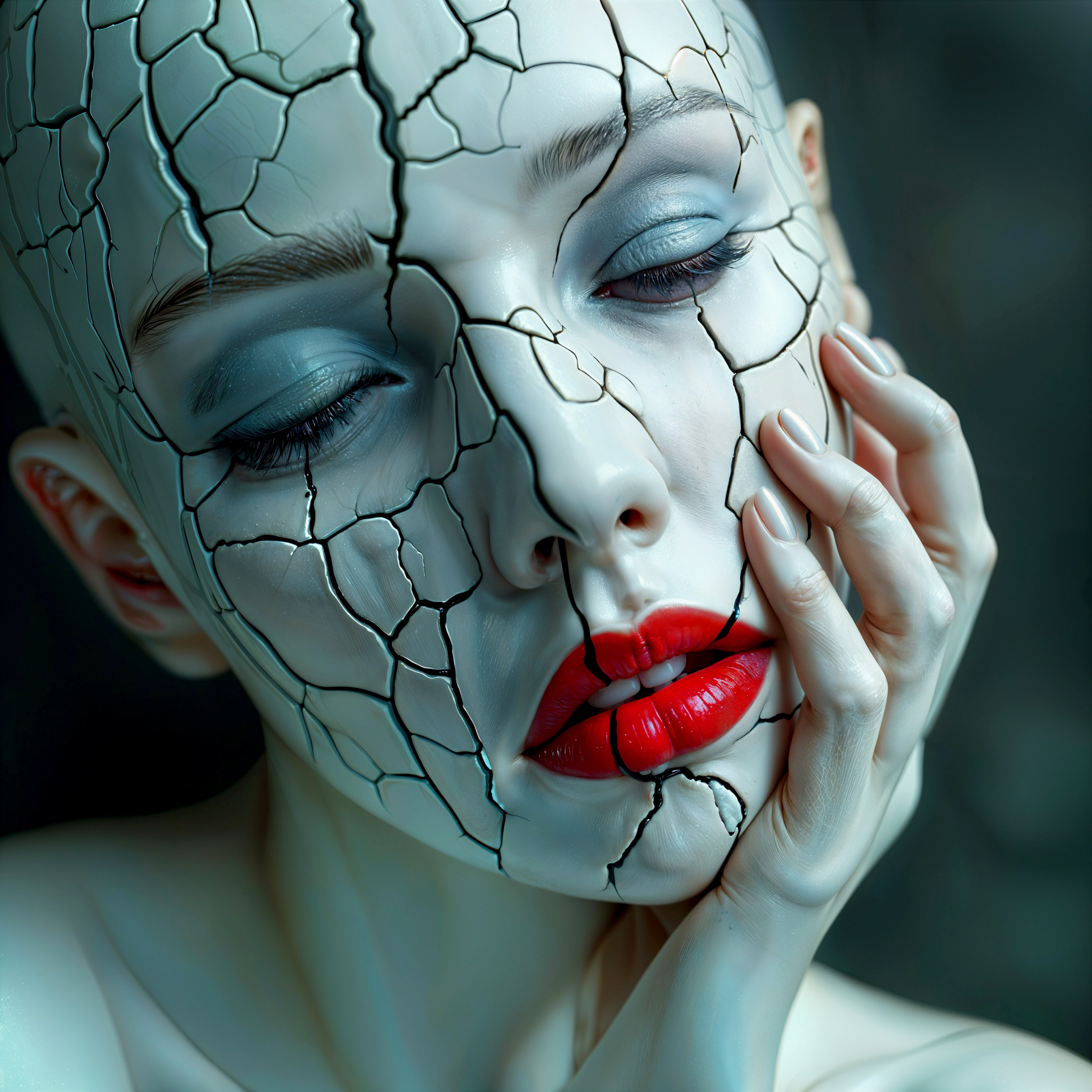 Model with Cracked Porcelain Face and Red Lips