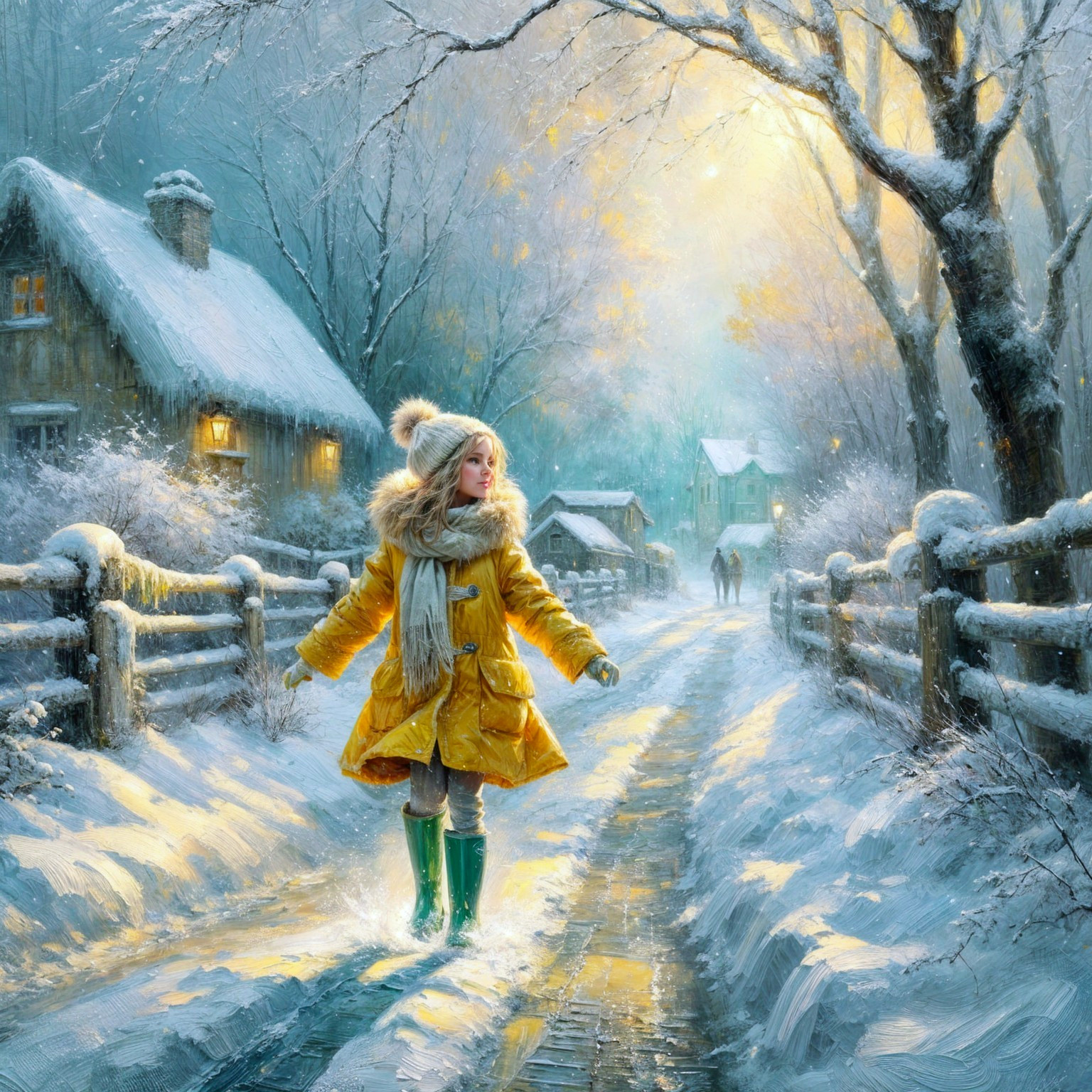Young Girl in Yellow Coat in Snowy Village Scene