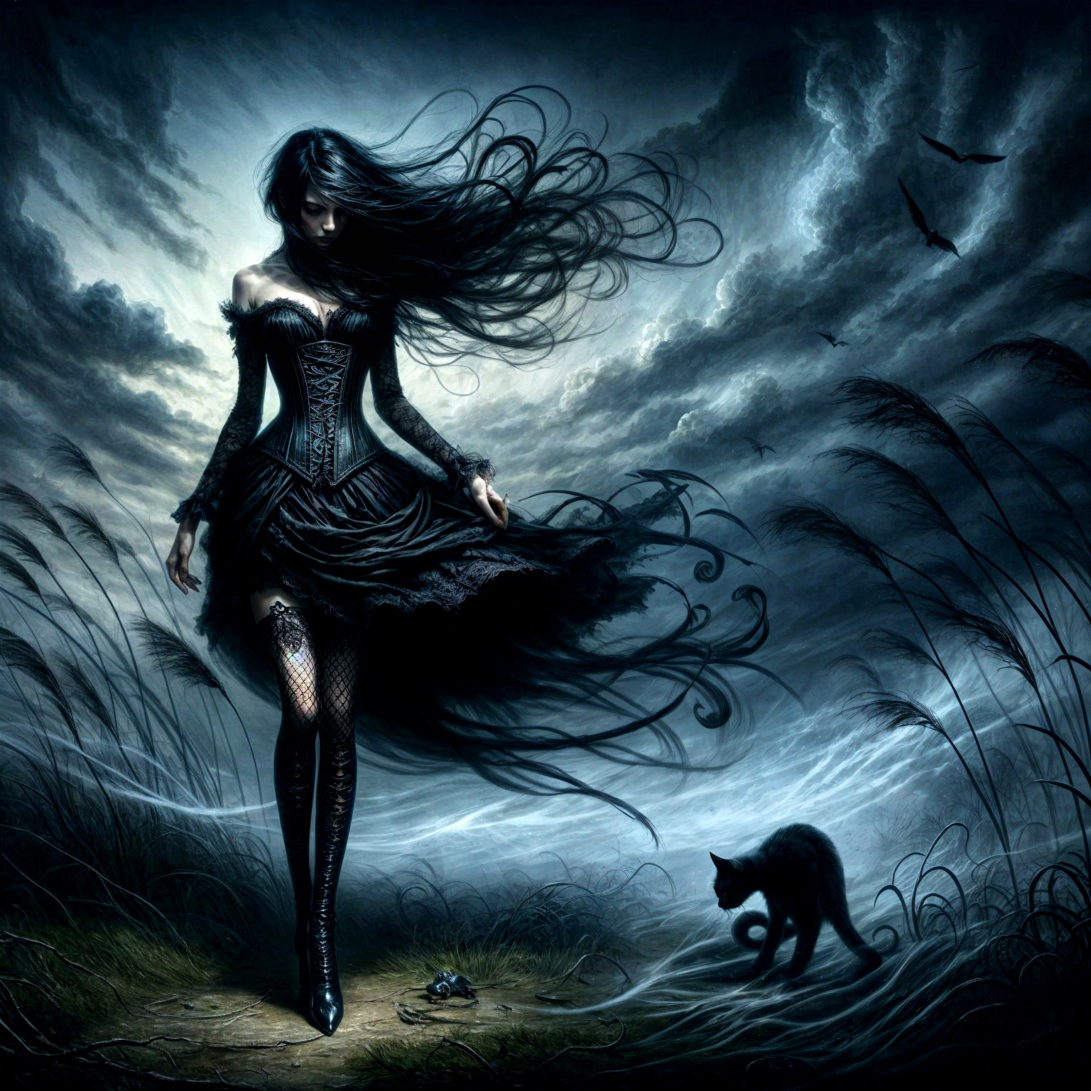 Mysterious Woman in Dark Ethereal Landscape