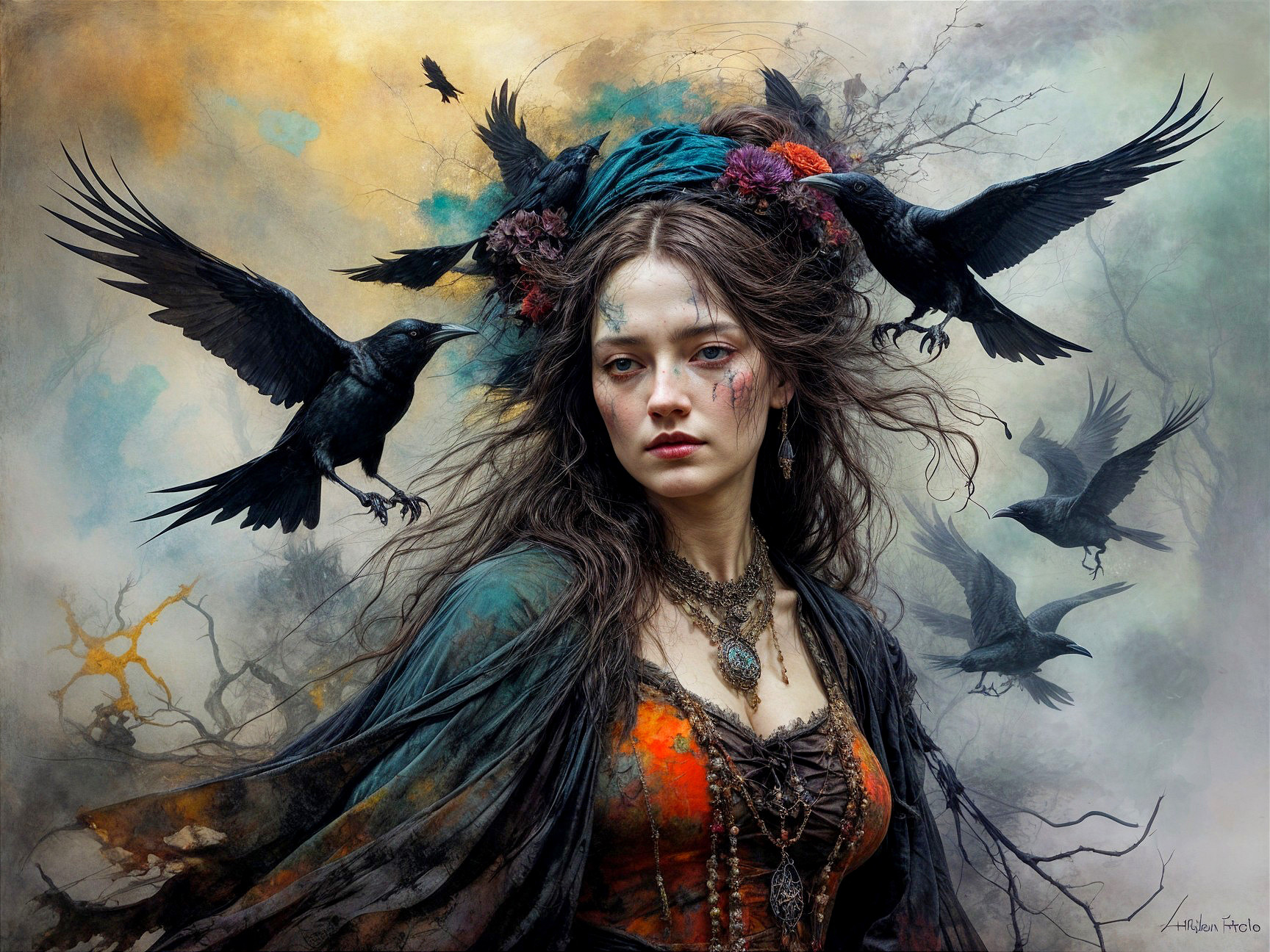 Portrait of a Young Woman with Flowers and Crows