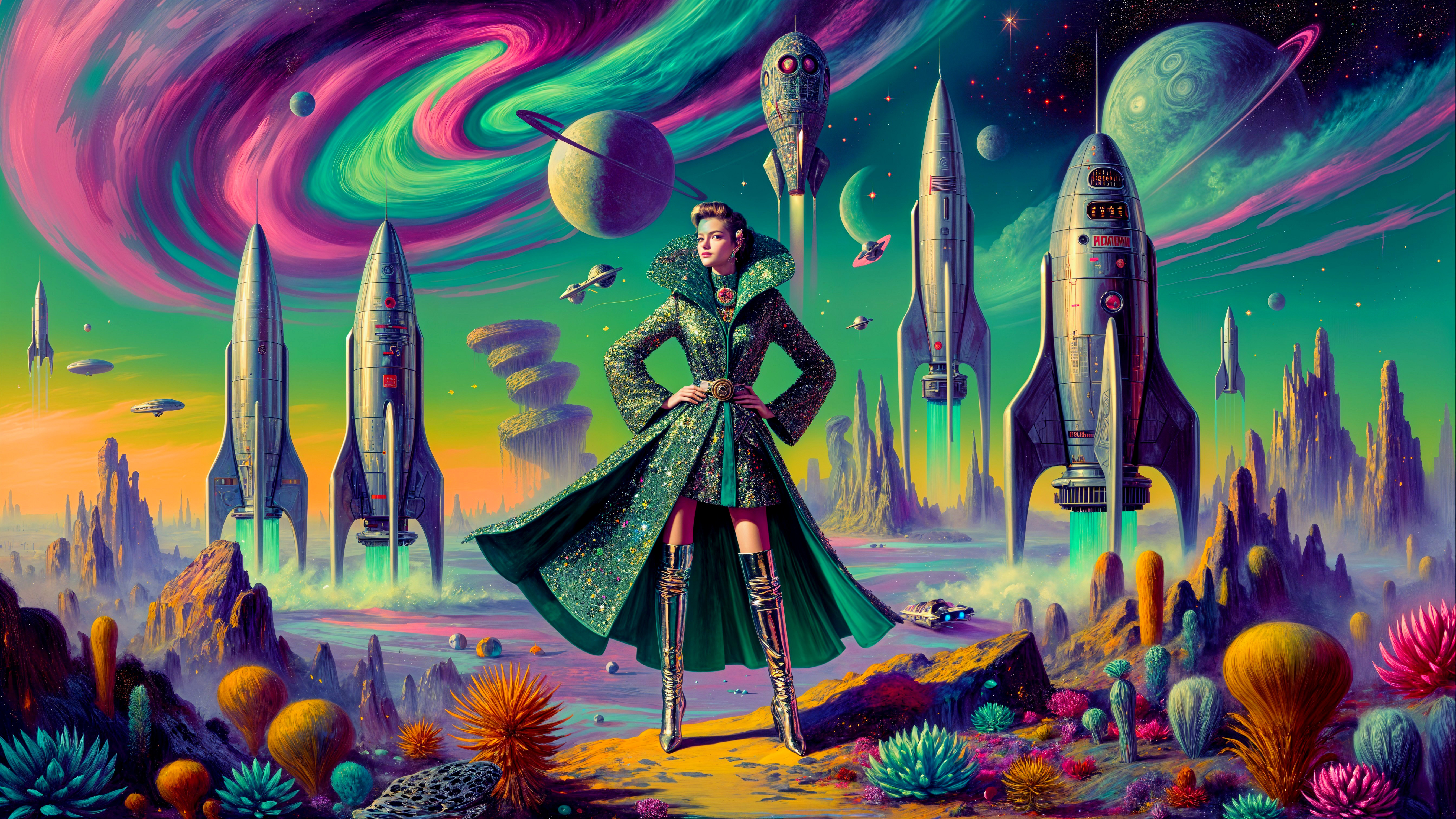 Fashionable Figure in Alien Landscape with Rockets