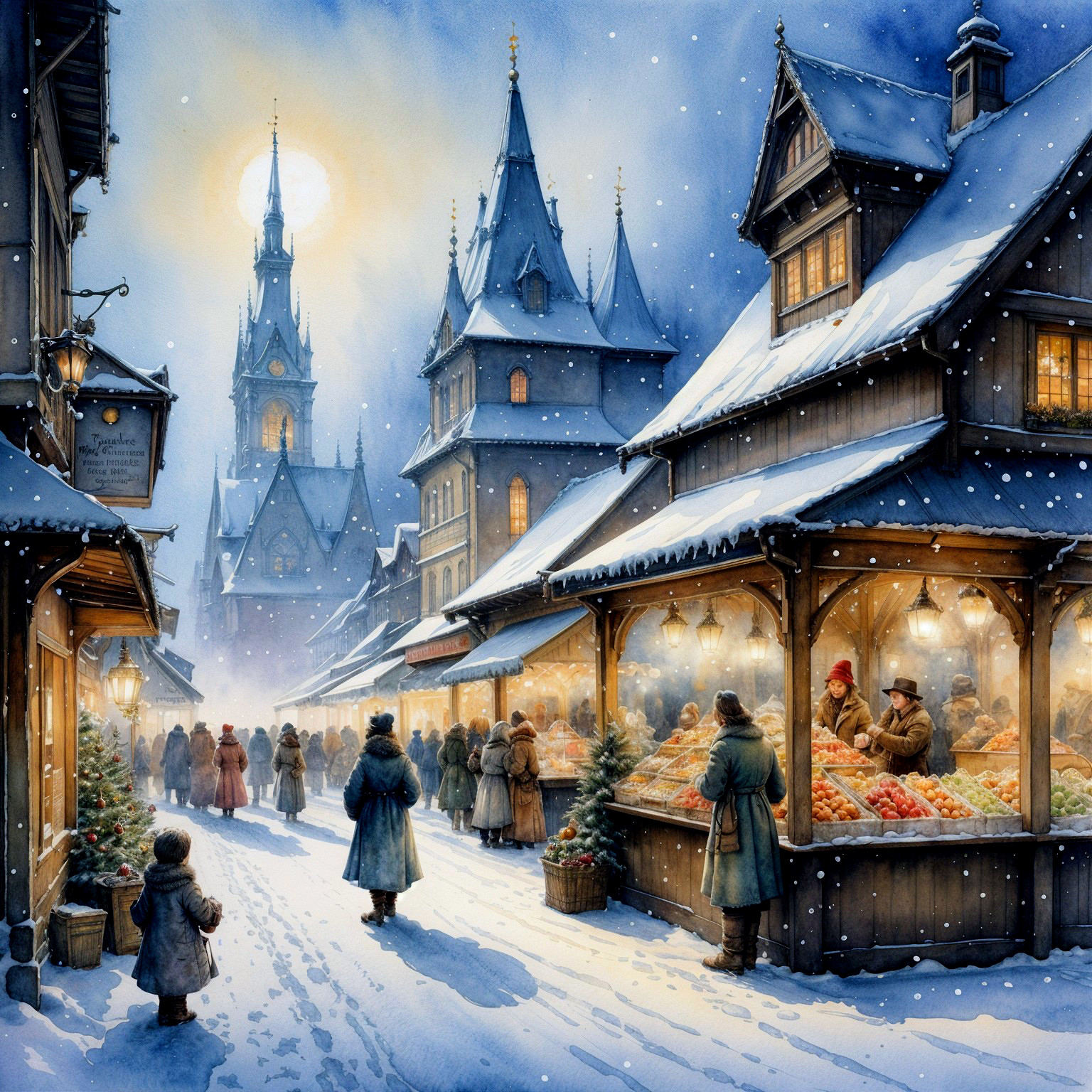 Winter Market Scene with Moonlight and Snowflakes