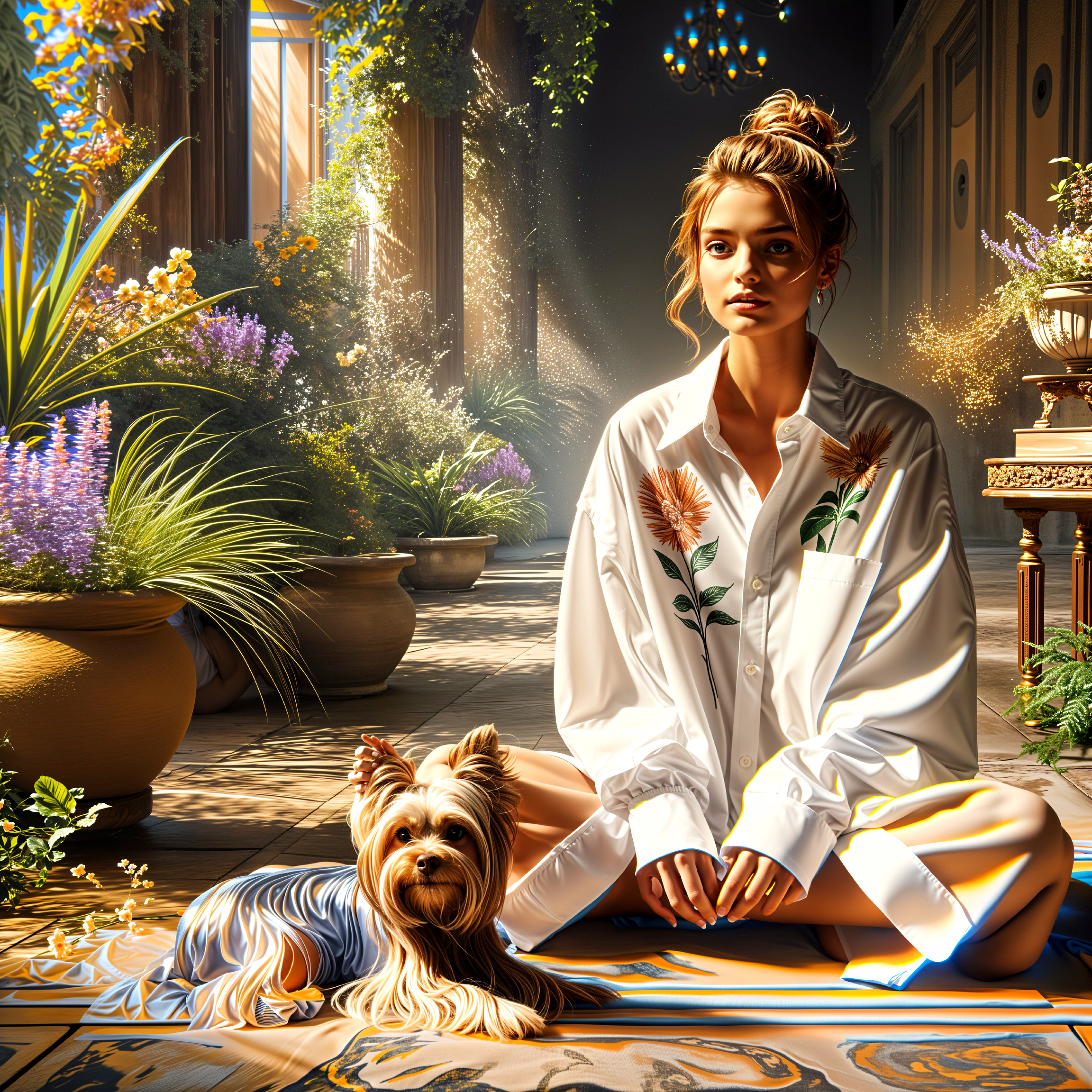 Indoor Garden Scene with Woman and Yorkie Dog