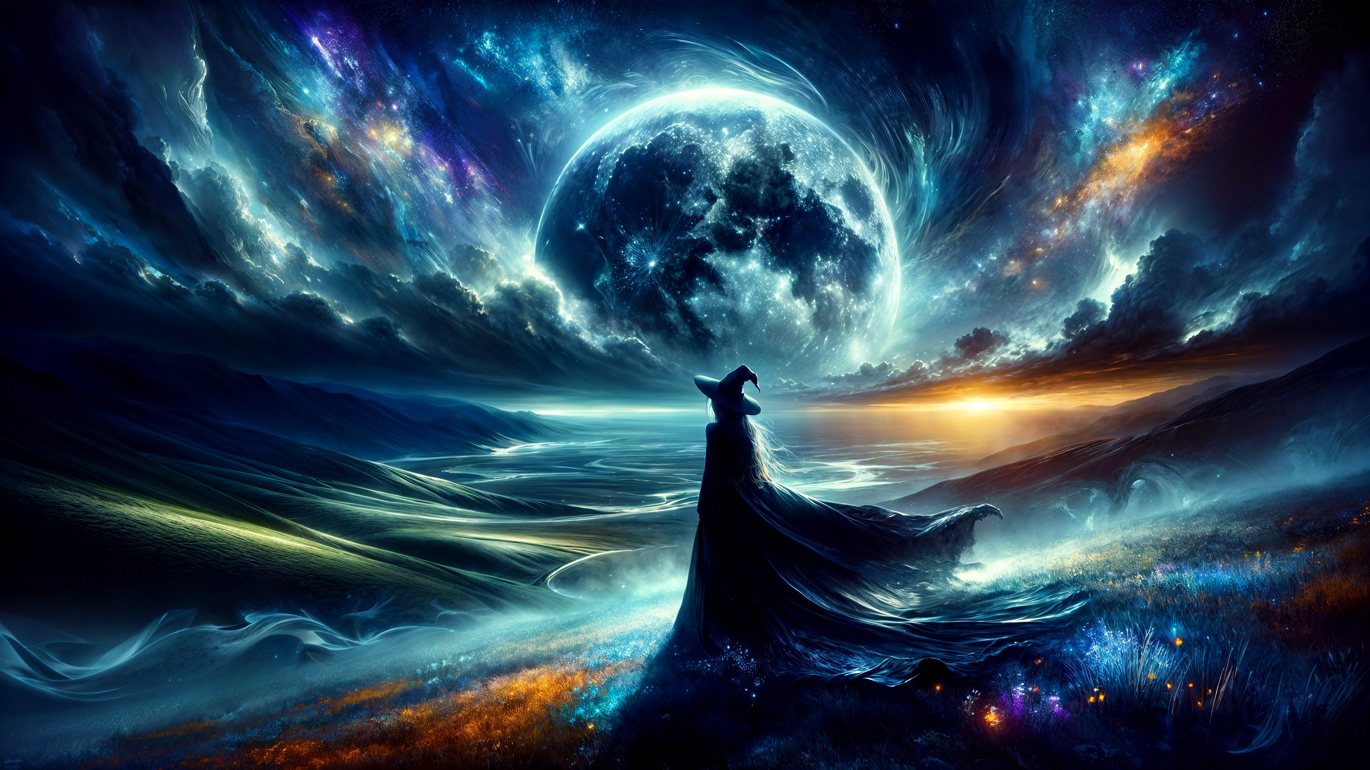 Mystical Figure in Vibrant Cosmic Landscape Scene