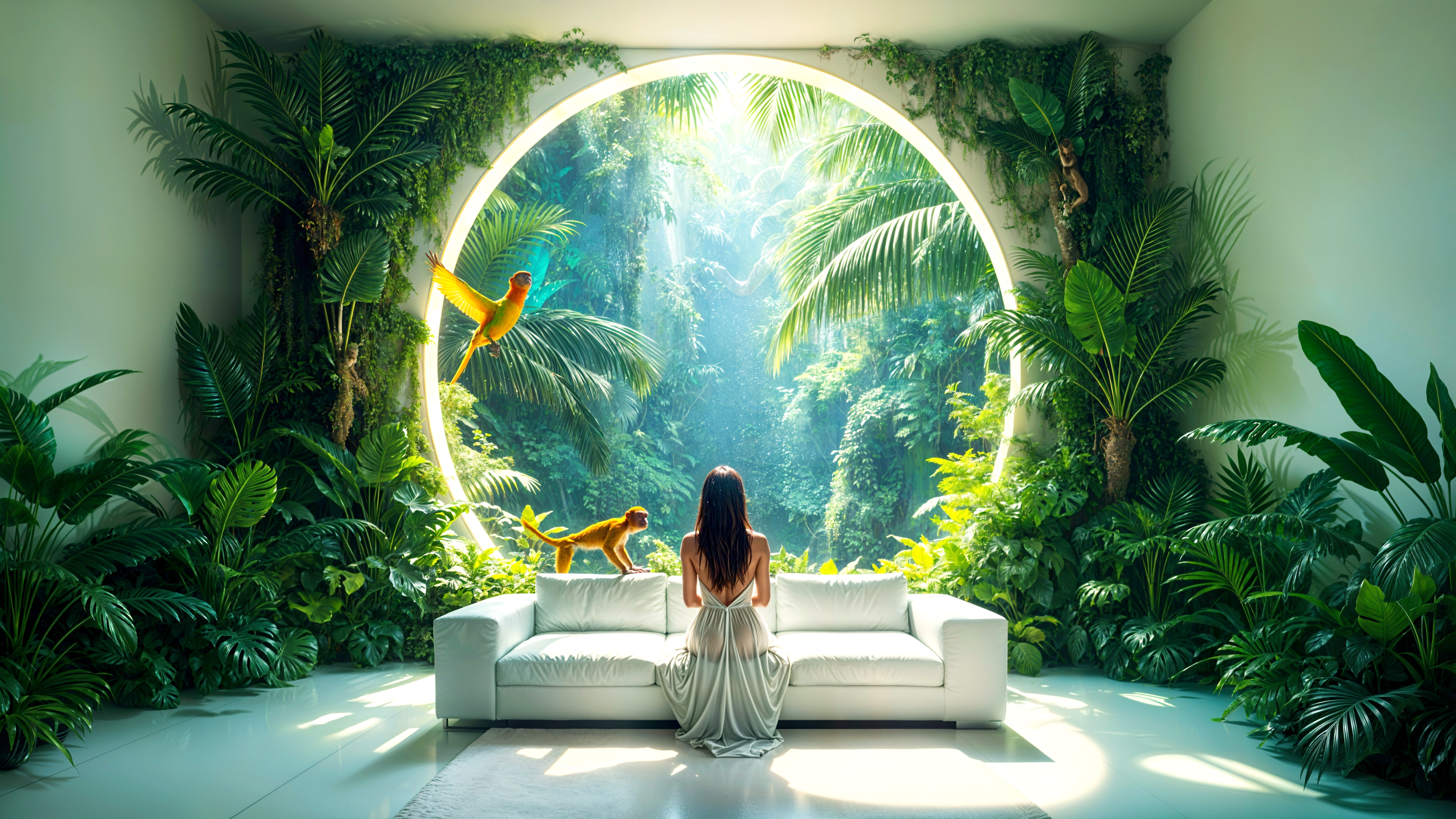 Woman in modern room gazes at vibrant jungle view