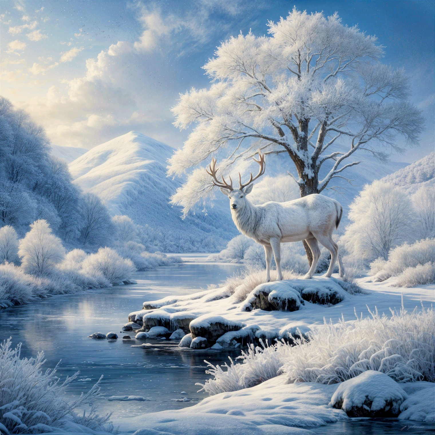 Winter Landscape with White Stag and Frozen River