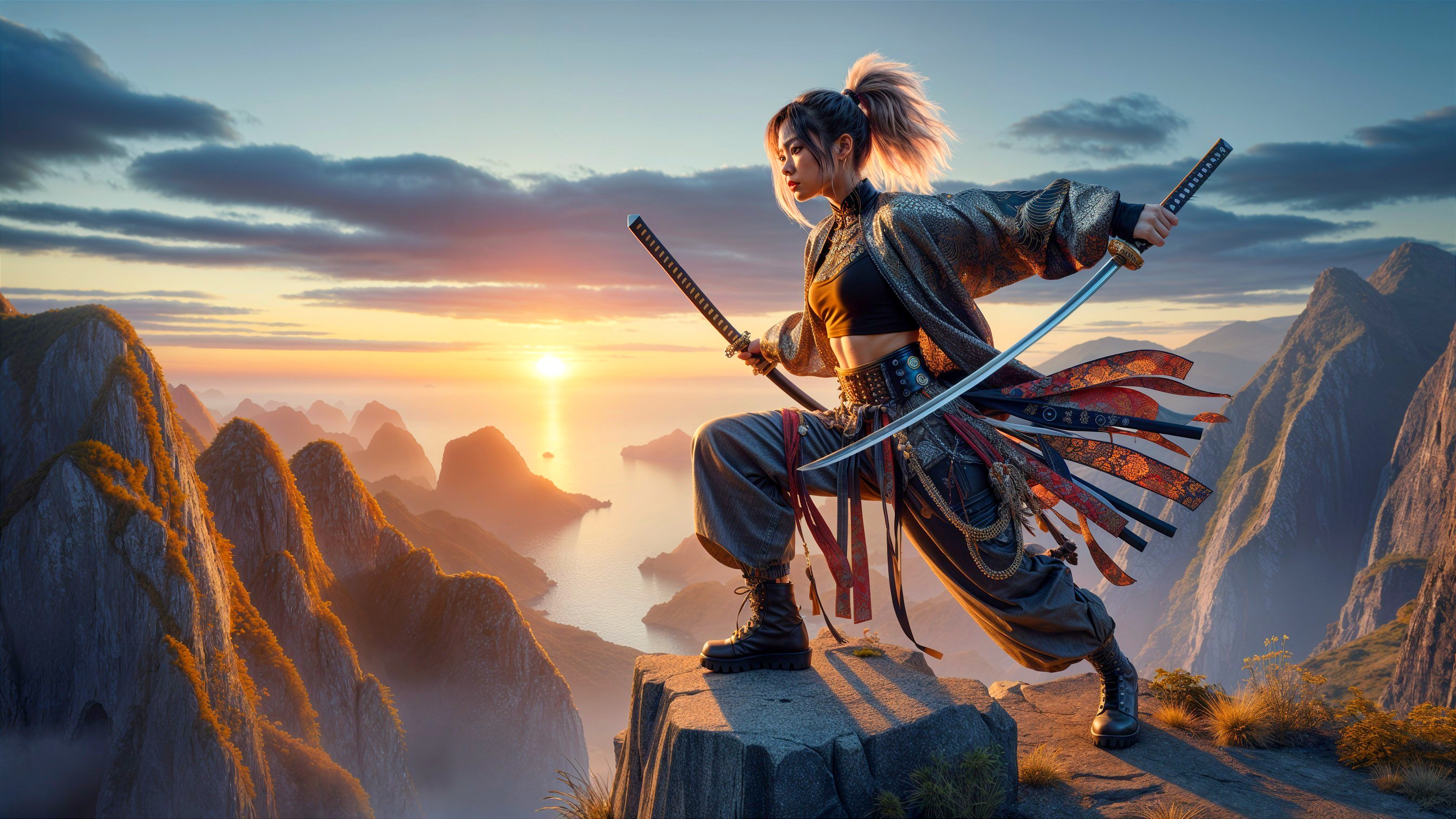 Fierce Warrior on Cliff at Sunrise with Swords