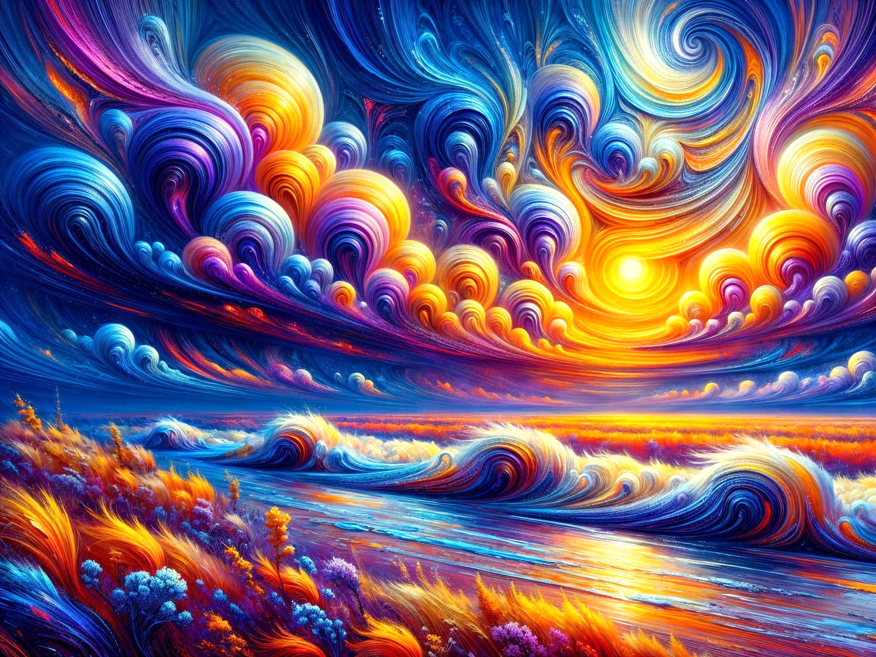 Vibrant Sunset Sky with Colorful Shoreline and Waves