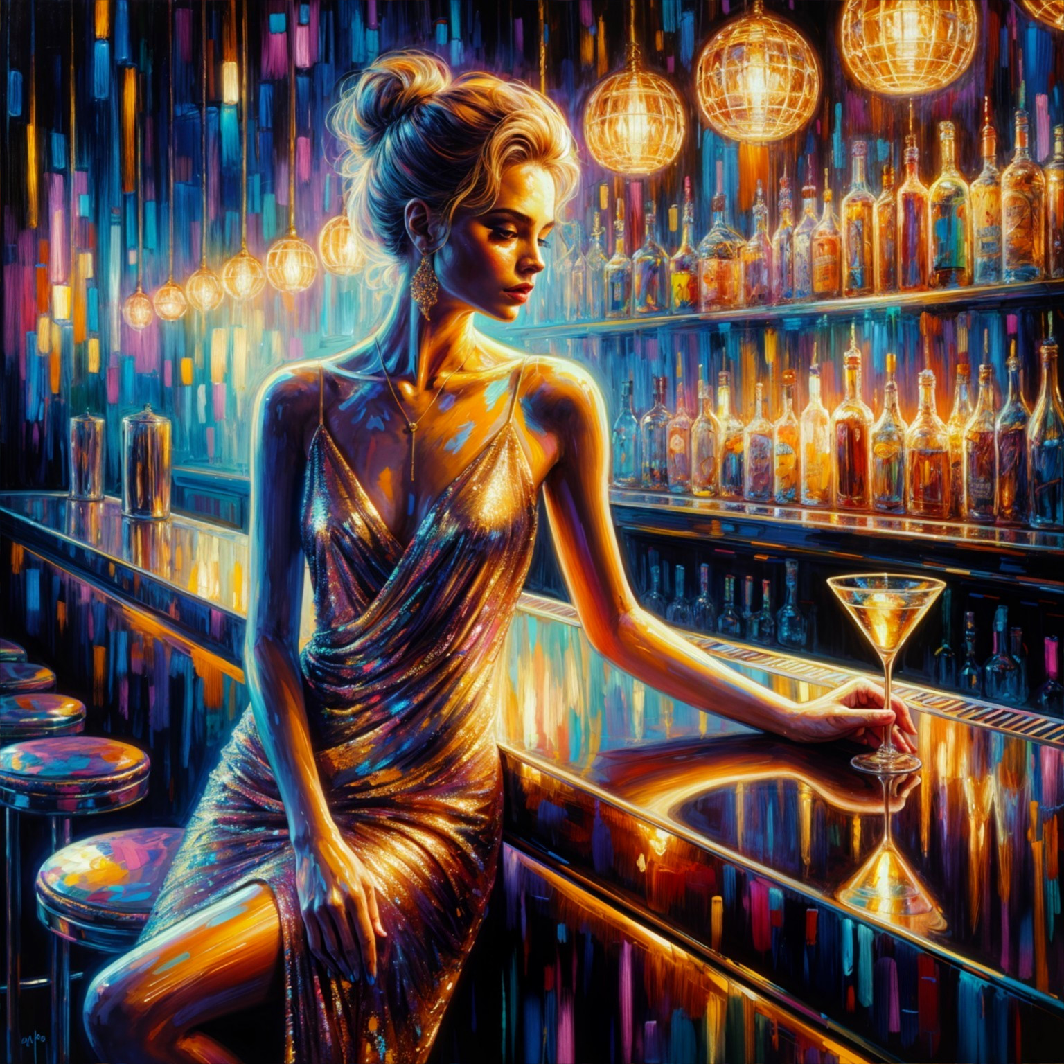 Glamorous Woman in Gold Dress at Stylish Bar