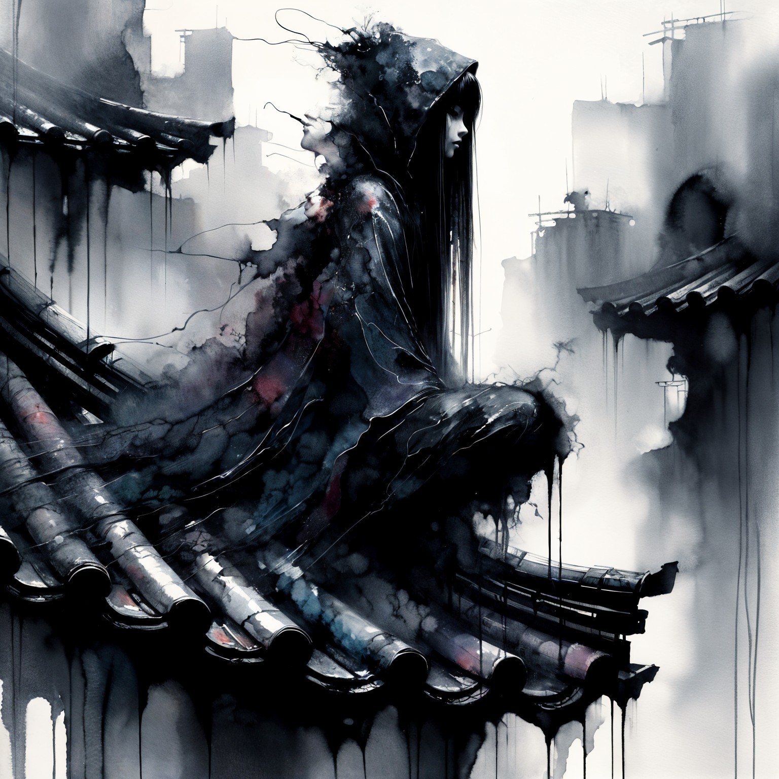 Mysterious Figure in Cloak on Traditional Roof Illustration