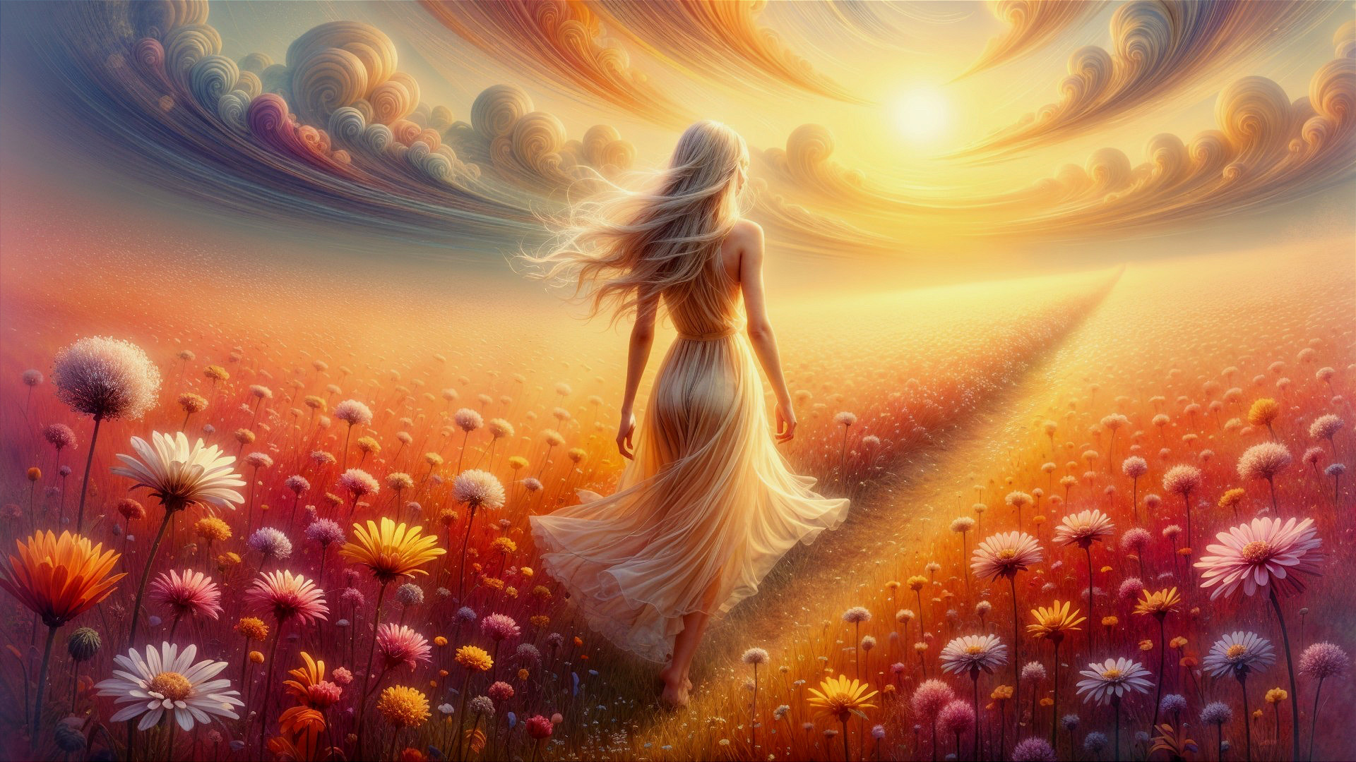 Woman Walking on Sunlit Path Surrounded by Flowers