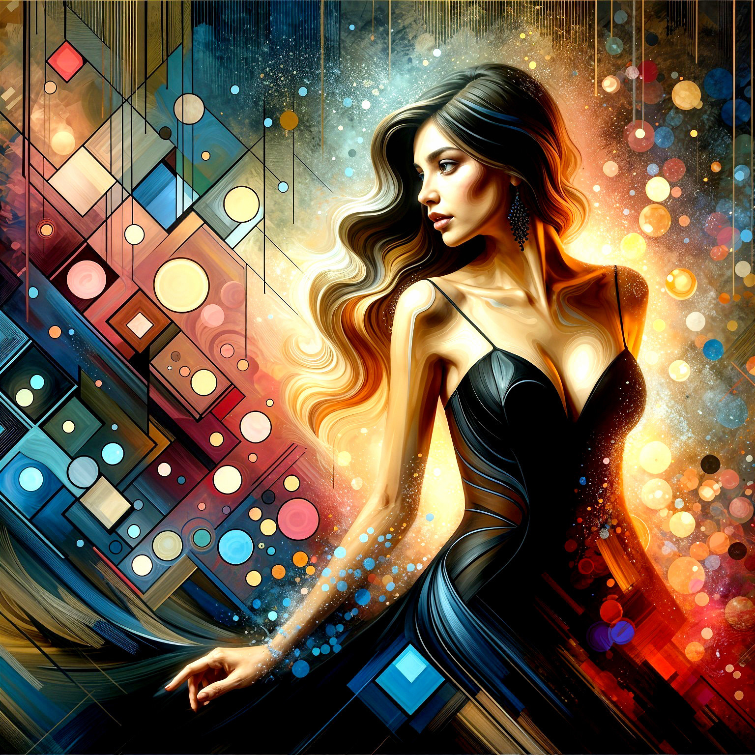 Elegant Woman in Black Dress with Abstract Background