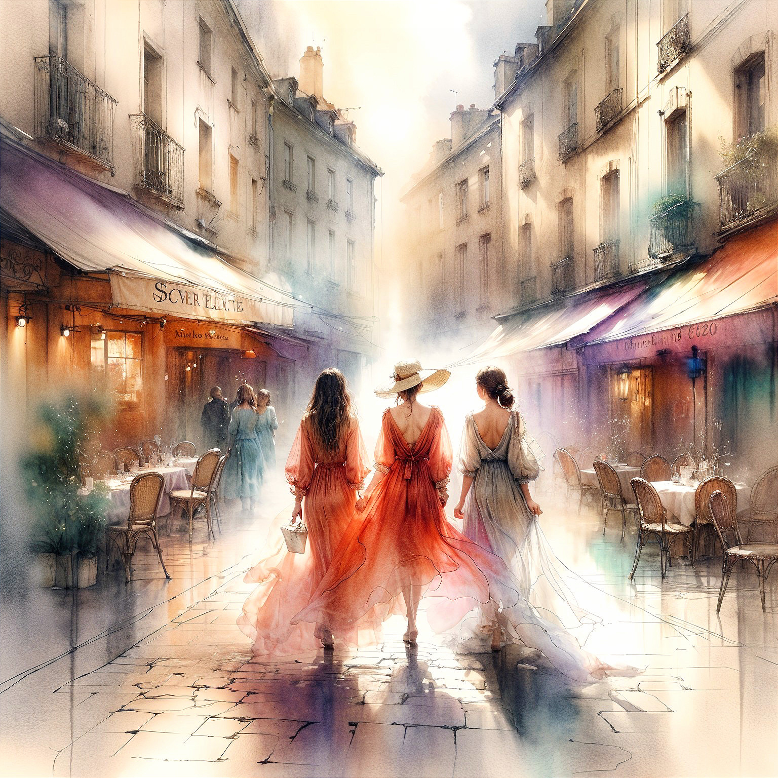Elegant Women in Flowing Dresses on European Street