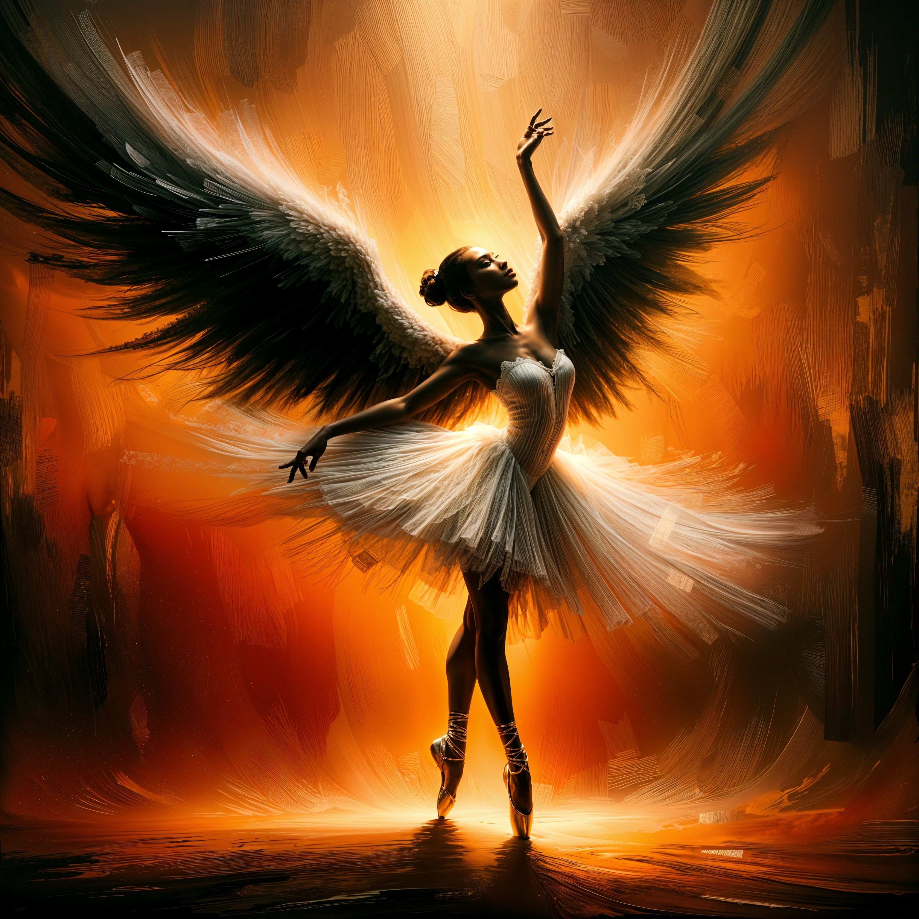 Ballerina with Black Wings in Ethereal Pose