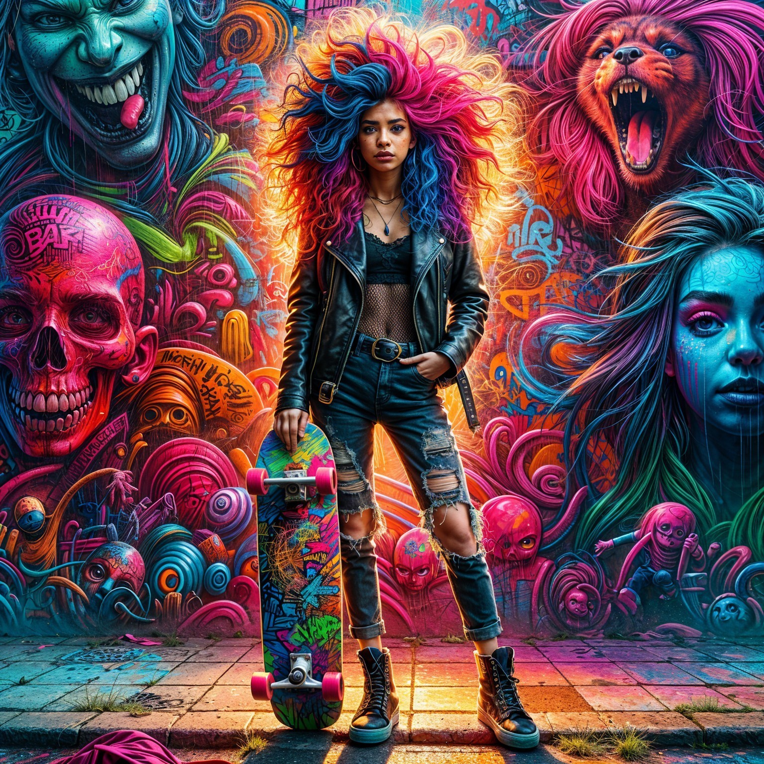 Young Woman with Multicolored Hair by Graffiti Wall