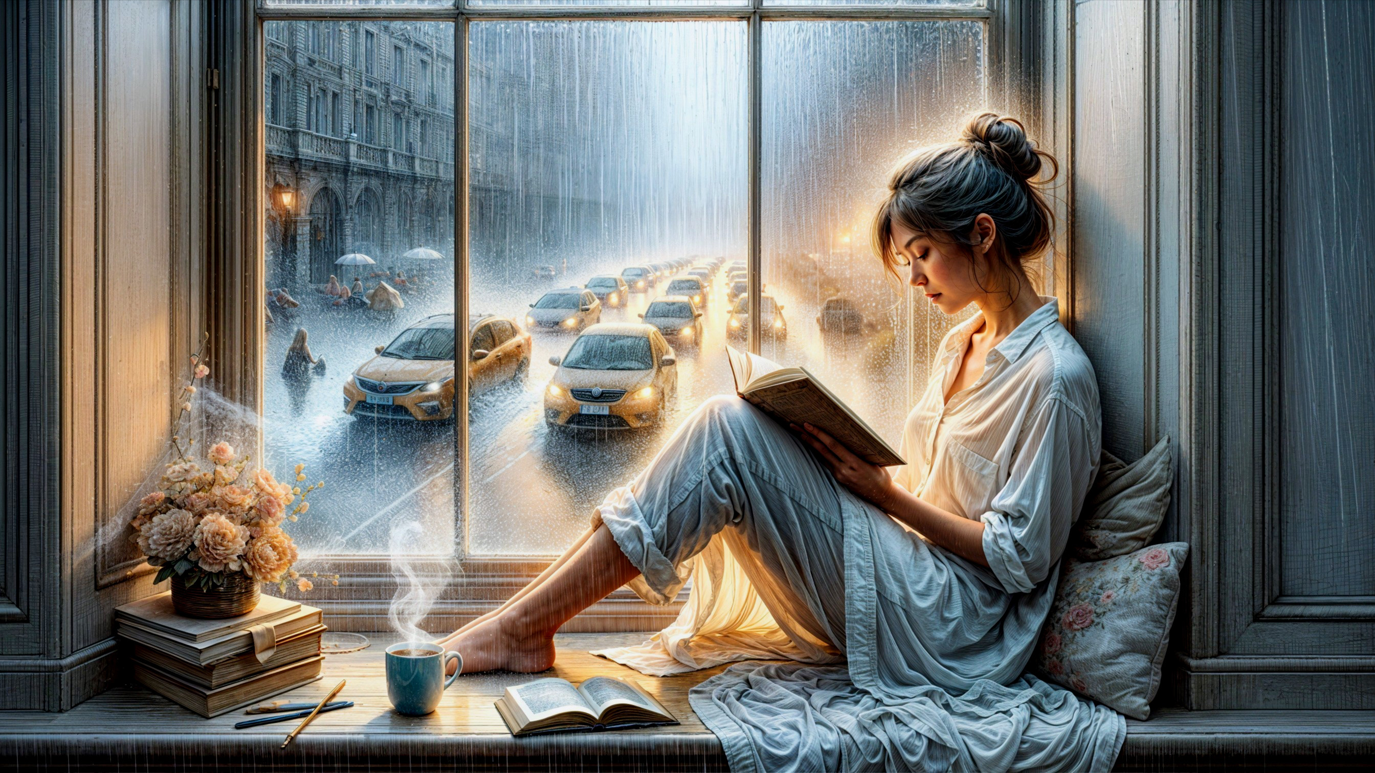 Cozy Indoor Scene with a Woman Reading by Window
